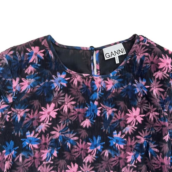 Ganni Floral Pleated Georgette Smock Blouse Purple Size FR 40 US 8-10 M Coquette - Picture 8 of 13